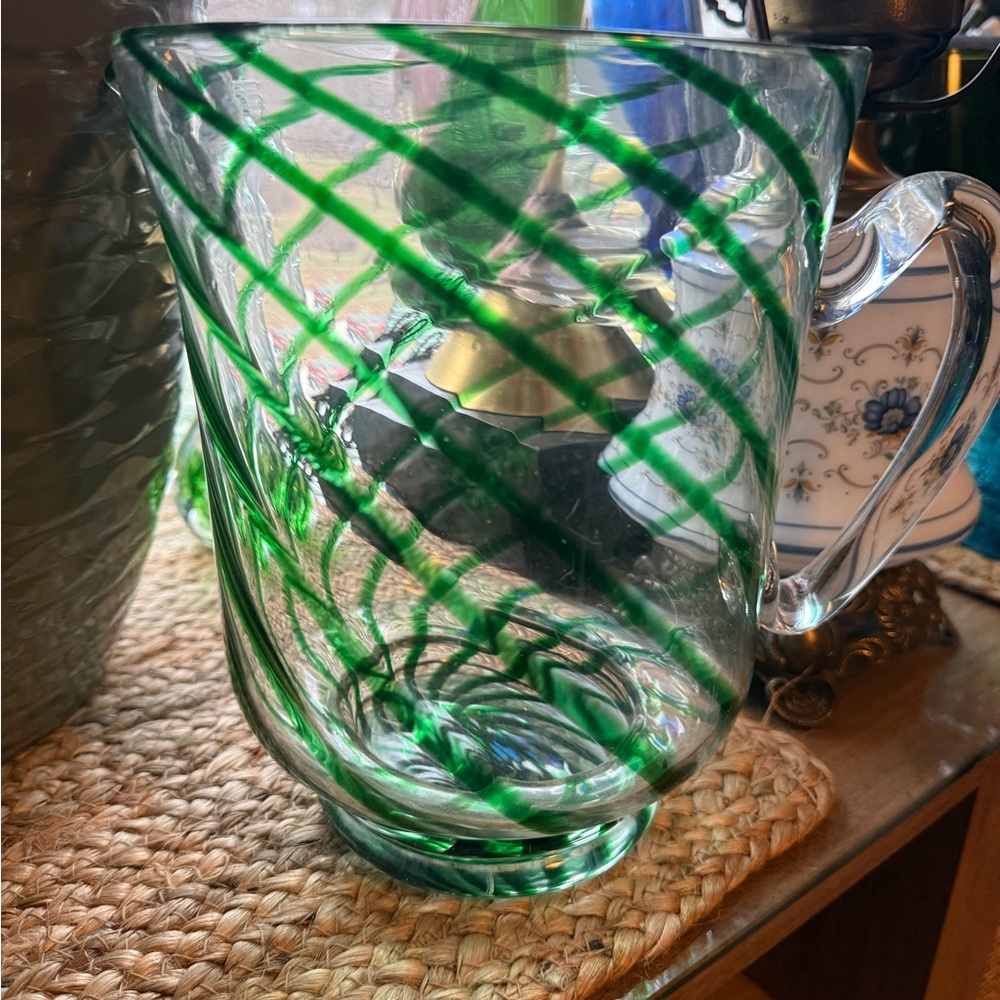 Handblown Green Swirl Glass Pitcher - Decorative Home Art